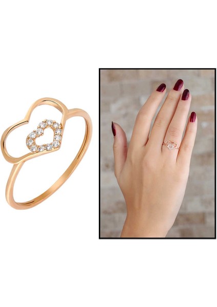 Zirkon Taşlı Iç Içe Kalp Tasarım Rose Renk 925 Ayar Gümüş Bayan Yüzük