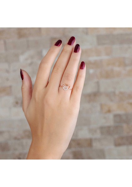 Zirkon Taşlı Iç Içe Kalp Tasarım Rose Renk 925 Ayar Gümüş Bayan Yüzük modelleri