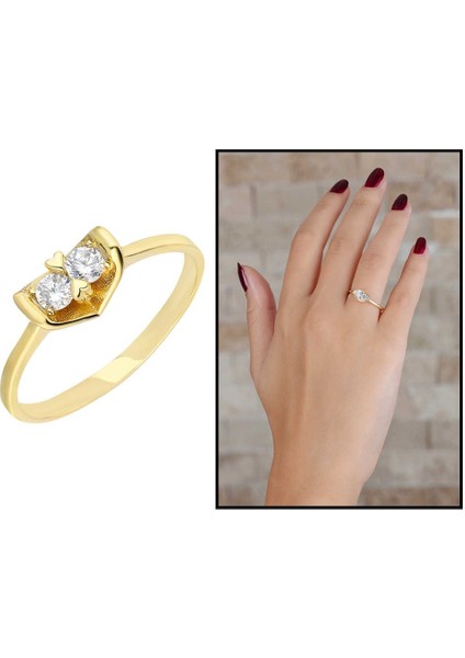 Zirkon Taşlı V Tasarım Gold Renk 925 Ayar Gümüş Bayan Yüzük