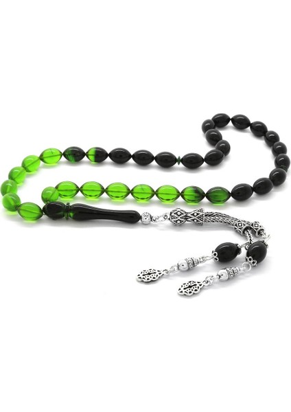 925 Ayar Gümüş Çift Püsküllü Arpa Kesim Süzme Yeşil-Siyah Ateş Kehribar Tesbih