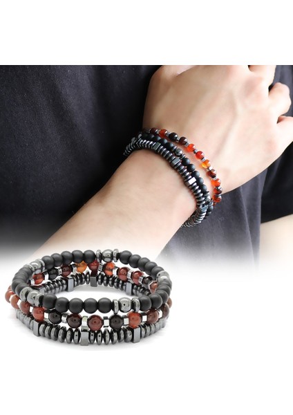 Küre Kesim Kırmızı Akik-Oniks-Hematit Kombinli Doğaltaş Bileklik