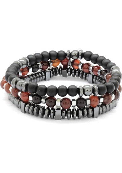 Küre Kesim Kırmızı Akik-Oniks-Hematit Kombinli Doğaltaş Bileklik modelleri