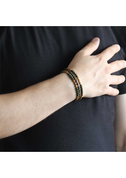 Ahşap Taşlı Sarı-Yeşil Renk Deri Ahşap Erkek Bileklik fiyatları