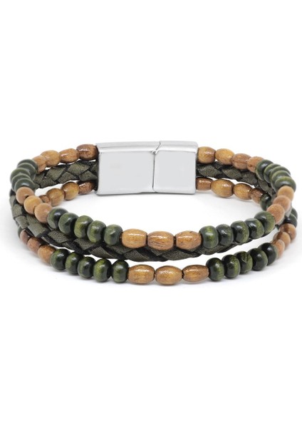 Ahşap Taşlı Sarı-Yeşil Renk Deri Ahşap Erkek Bileklik modelleri