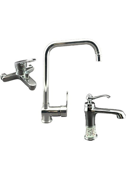 Hareketli Perlatörlü Mutfak Eviye Bataryası - Banyo Bataryası - Lavabo Bataryası 3’lü Set Krom Renk