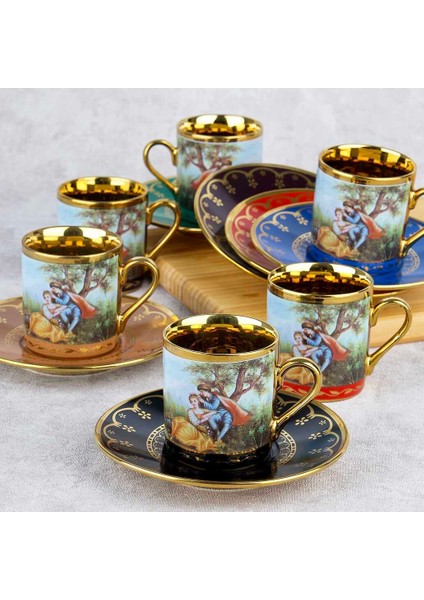 Barok 12 Parça Desenli Seramik Türk Kahvesi Fincan Takımı 6 Fincan 6 Tabağı