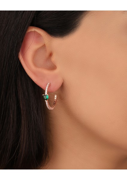 Yeşil Kalpli Yarım Halka Gümüş Küpe