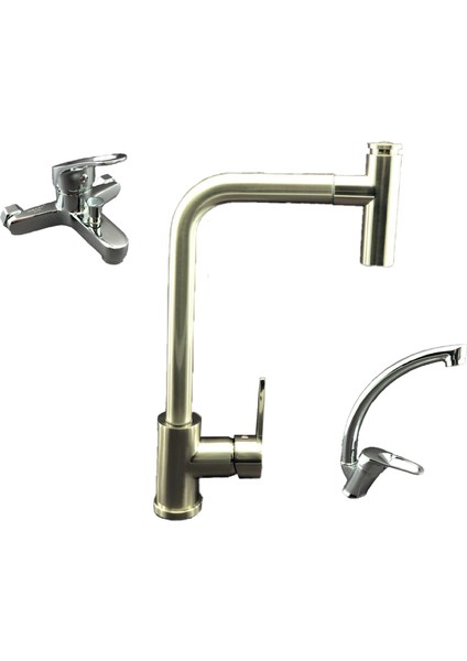 Gizli Spiralli T Tipi Mutfak Eviye Bataryası - Banyo Bataryası - Lavabo Bataryası 3’lü Set Krom Renk
