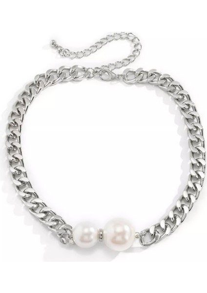 Çift Incili Zincir Choker Kolye Silver