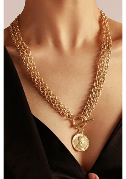 Gold Kaplama Uzun Çoklu Zincir Madalyon Kolye