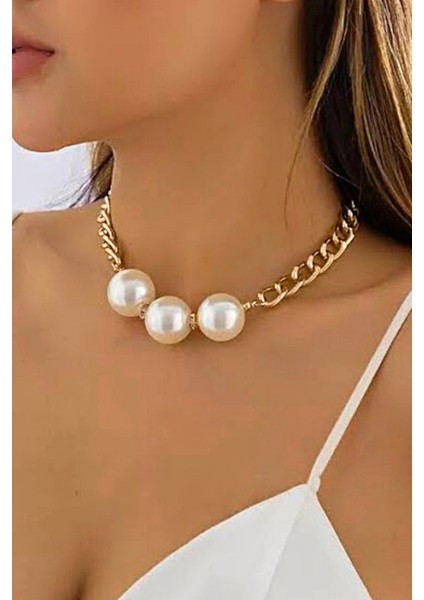 3 Incili Zincir Choker Kolye Gold