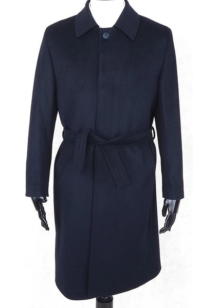 Jancarlucci Erkek Yün-Kaşmir Lacivert Kuşaklı Kaşe Uzun Palto