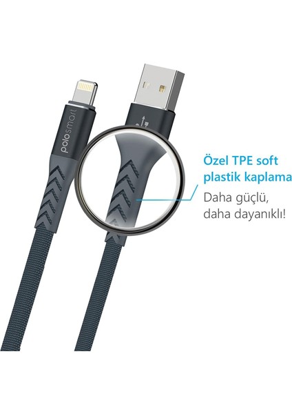 PSM22 1.2 Metre (Ios) Light Süper Hızlı Şarj ve Data Kablosu, Siyah