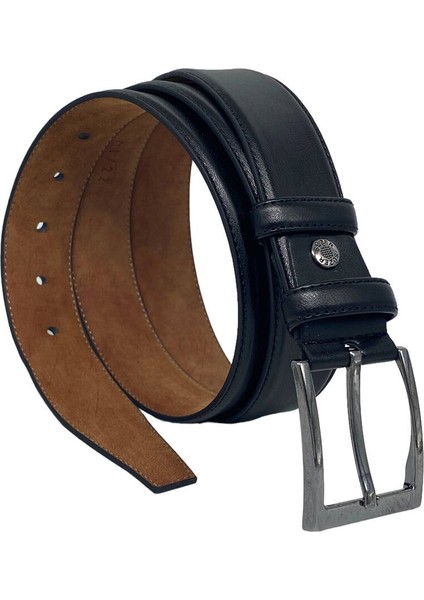 Siyah Deri Düz Model Dikişli 3.5 Cm.lik Klasik Kemer - 8000-DÜZ