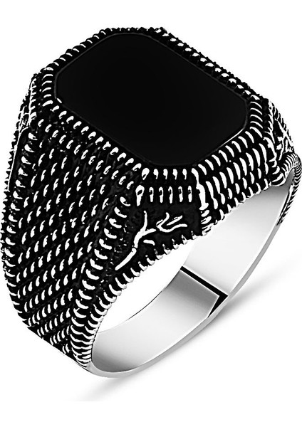 Lale Işlemeli Siyah Oniks Taşlı 925 Ayar Gümüş Erkek Yüzük fiyatları