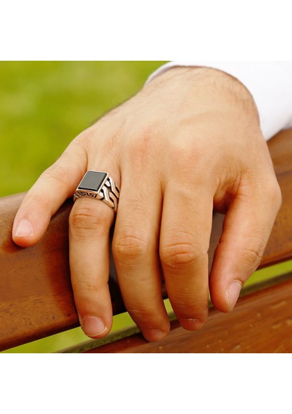 Zincir Tasarım Siyah Oniks Taşlı 925 Ayar Gümüş Erkek Yüzük indirimleri