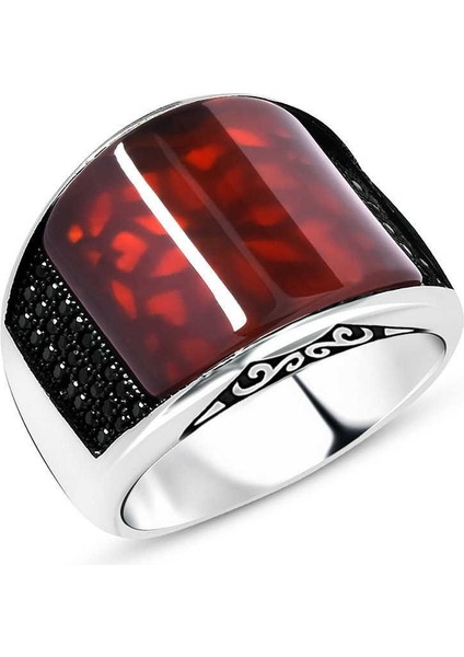 Zirkon Taş Işlemeli Bombeli Akik Taşlı 925 Ayar Gümüş Erkek Yüzük modelleri