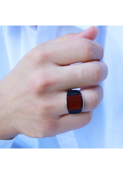 Zirkon Taş Işlemeli Bombeli Akik Taşlı 925 Ayar Gümüş Erkek Yüzük fırsatları