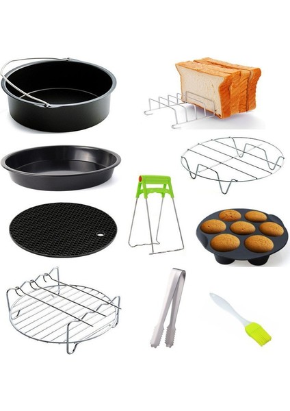 9 Parça 8 Inç (20cm) Yui / Xiaomi / Philips / Kumtel Uyumlu Air Fryer Aksesuarları Set - Siyah (Yurt Dışından)
