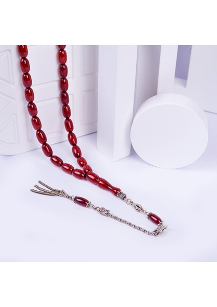 925 Ayar Gümüş Püsküllü Sıkma Kehribar Tesbih