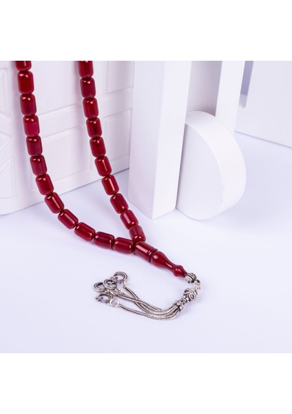 Gümüş Püsküllü Kapsül Kesim Sıkma Kehribar Tesbih