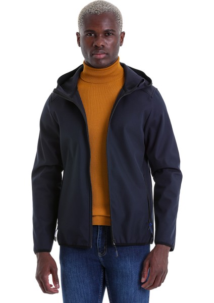 Erkek Lacivert Su ve Rüzgar Geçirmez Kapüşonlu Softshell Mont