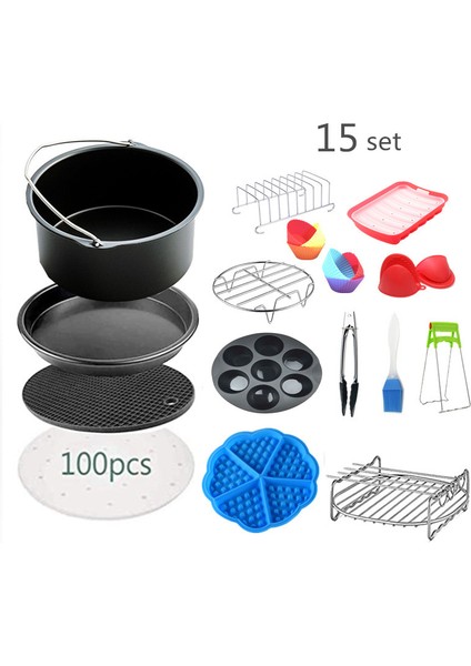 Yui / Xiaomi / Philips / Kumtel Uyumlu 15'li Air Fryer Aksesuar Seti (Çap 18cm) - Siyah (Yurt Dışından)