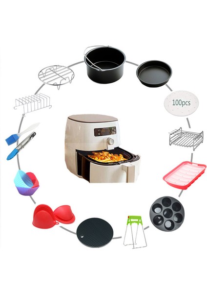 Yui / Xiaomi / Philips / Kumtel Uyumlu 15'li Air Fryer Aksesuar Seti (Çap 18cm) - Siyah (Yurt Dışından)