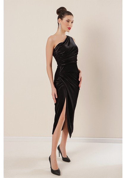 Tek Omuz Önü Büzgülü Kadife Elbise Siyah fiyatları