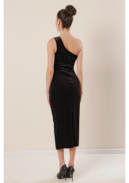 Tek Omuz Önü Büzgülü Kadife Elbise Siyah indirimleri