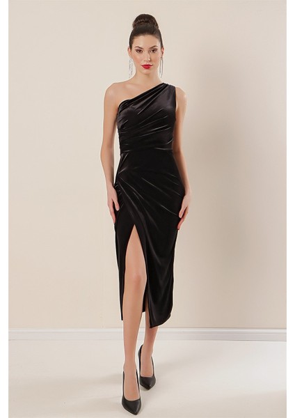 Tek Omuz Önü Büzgülü Kadife Elbise Siyah