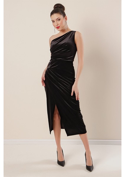 Tek Omuz Önü Büzgülü Kadife Elbise Siyah modelleri