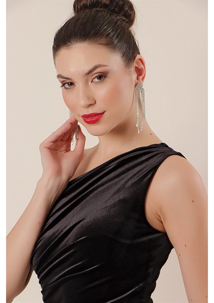 Tek Omuz Önü Büzgülü Kadife Elbise Siyah fırsatları