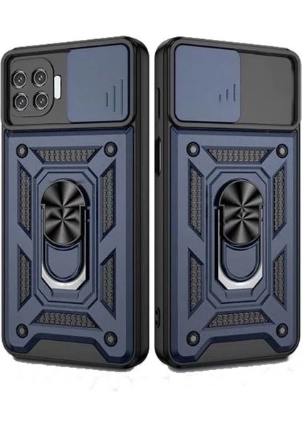 Case 4U Oppo Reno 4 Lite Kılıf Kamera Korumalı Sürgülü Vega Yüzüklü Armor Military Tank Zırh Lacivert