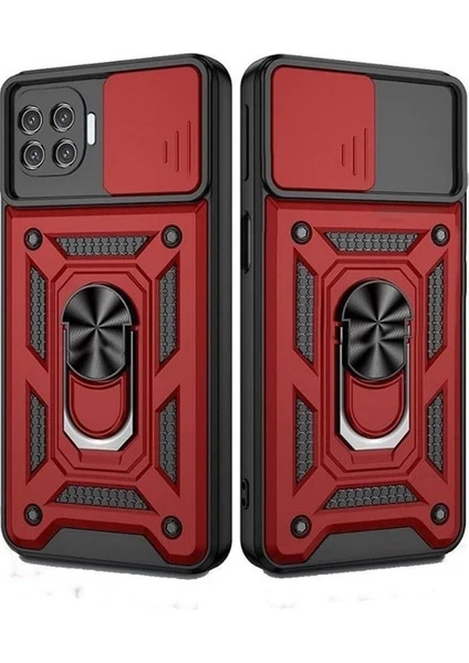 Case 4U Oppo Reno 4 Lite Kılıf Kamera Korumalı Sürgülü Vega Yüzüklü Armor Military Tank Zırh Kırmızı