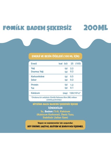 Badem Sütü 200 Ml X27 Glutensiz Bitkisel Bazlı Laktozsuz Vegan Şekersiz