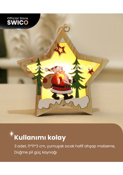LED Ahşap Noel Askı Süsleri 3 Adet (Yurt Dışından)