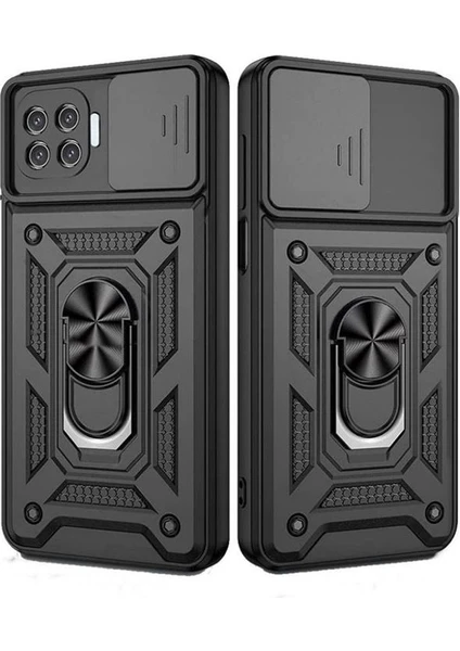 Case 4U Oppo Reno 4 Lite Kılıf Kamera Korumalı Sürgülü Vega Yüzüklü Armor Military Tank Zırh Siyah