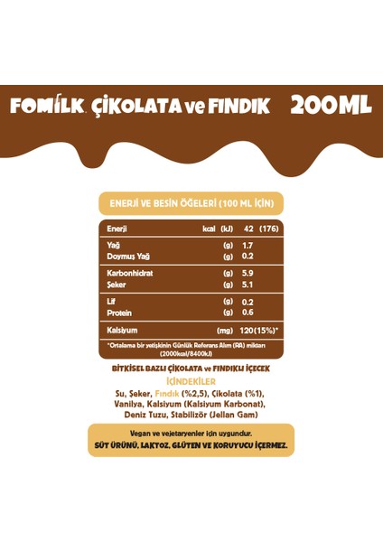 Çikolata & Fındık Sütü 200 Ml X5 Glutensiz Bitkisel Bazlı Laktozsuz Vegan