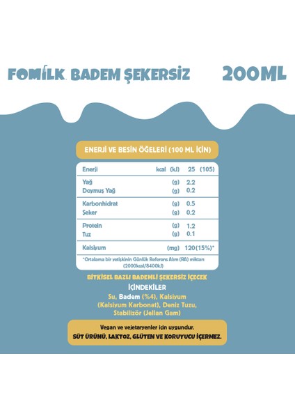 Badem Sütü 200 Ml X5 Glutensiz Bitkisel Bazlı Laktozsuz Vegan Şekersiz