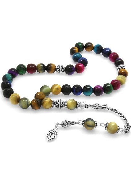 925 Ayar Gümüş Püsküllü Küre Kesim Çoklu Kaplangözü Doğal Taş Kombinli Tesbih