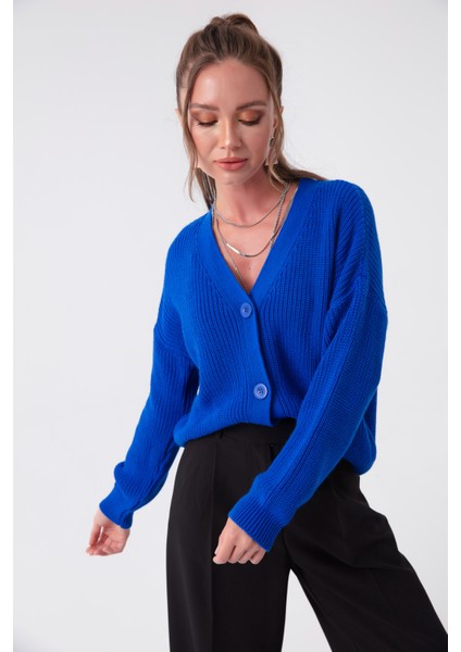 Kadın Mavi 3 Düğmeli Mini Hırka