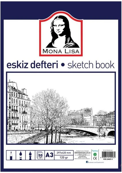 Monalisa Eskiz Defteri A-3 Dokulu Kağıt Kara Kalem Çalışma Defteri 50 Yaprak 120 gr 29,7 x 42 cm