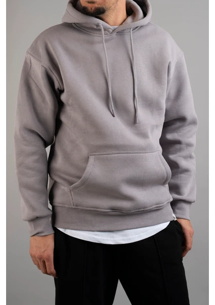 Erkek Kapüşonlu Basic Sweatshirt Gri