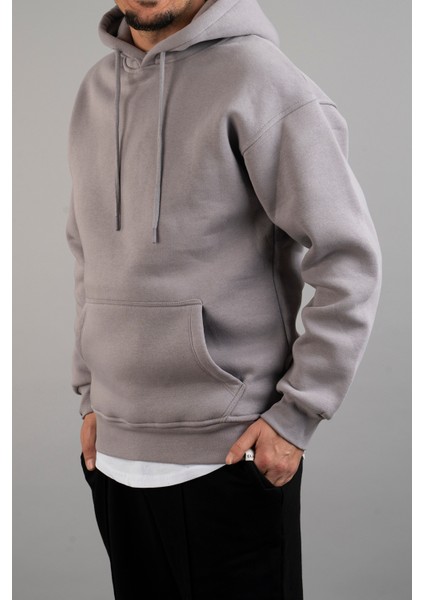 Erkek Kapüşonlu Basic Sweatshirt Gri