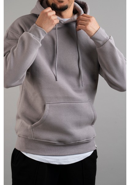 Erkek Kapüşonlu Basic Sweatshirt Gri