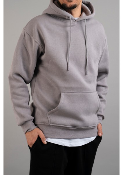 Erkek Kapüşonlu Basic Sweatshirt Gri