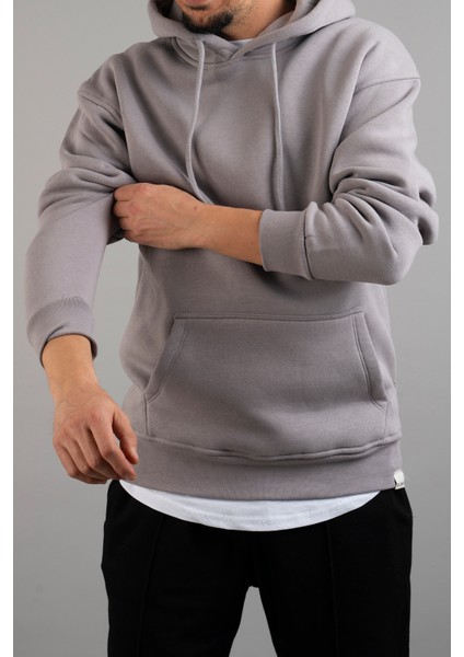 Erkek Kapüşonlu Basic Sweatshirt Gri