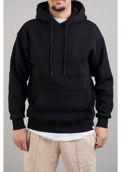 Erkek Kapüşonlu Basic Sweatshirt Siyah