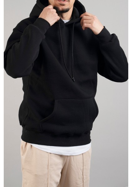 Erkek Kapüşonlu Basic Sweatshirt Siyah